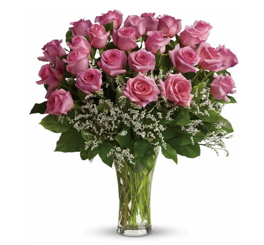 24 pink roses in a vase