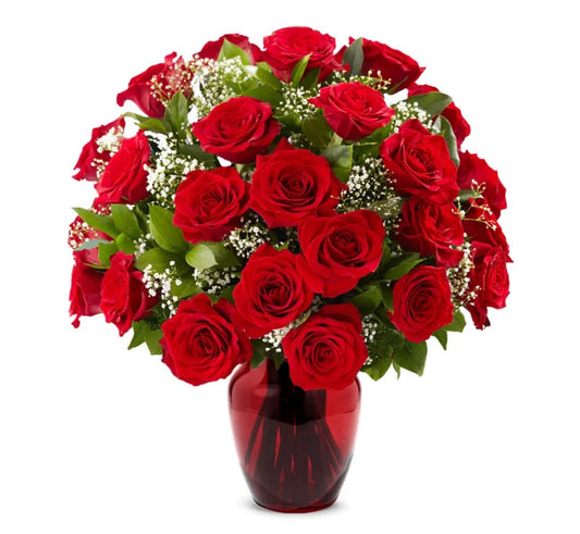 2 Dozen roses/ red vase