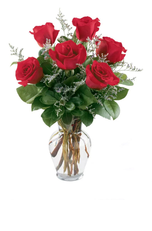 6 red roses in a vase