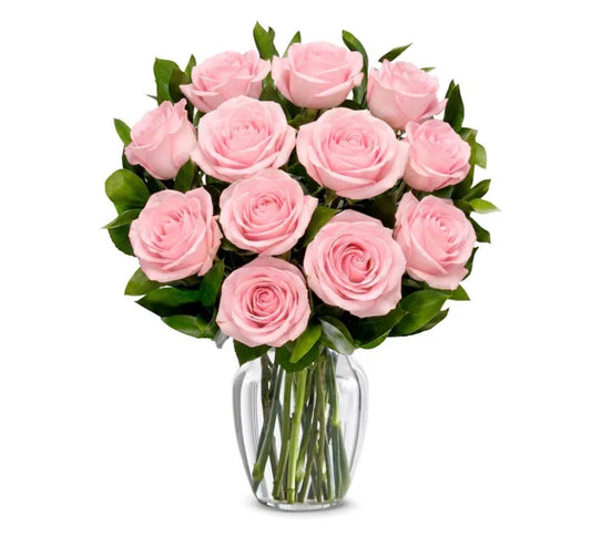 12 light pink roses/ vase